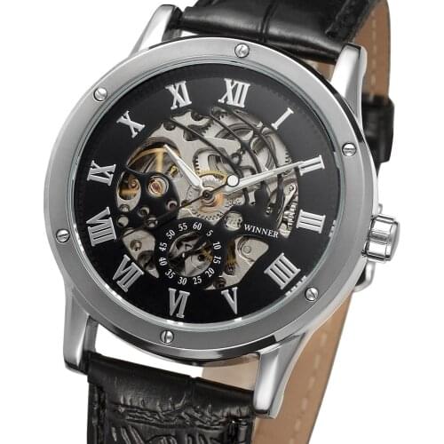 WINNER 2019 Top Brand Mens Automatic Watch Classic Black Leather Skeleton Analogue Luxury Wrist Watches Clock Relogio Masculino