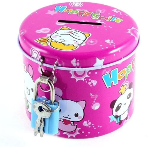 Cylinder Design Cartoon Print Piggy Bank Money Saving Box w Padlock