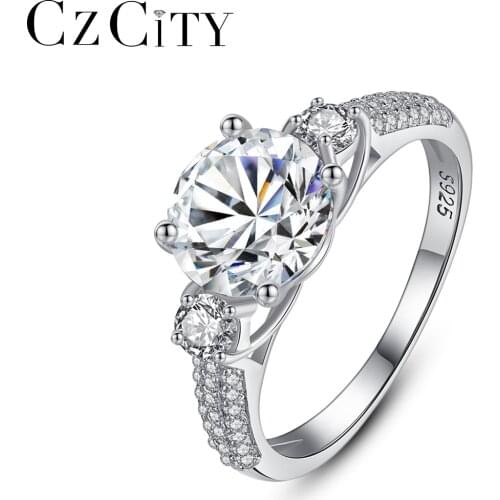 CZCITY Classic 925 Sterling Silver Shiny Cubic Zirconia Engagement Finger Rings Women Bridals Wedding Party Fine Jewelry SR0366