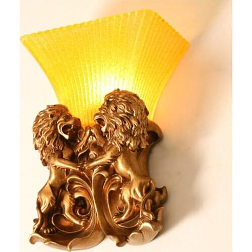 European Retro Resin Wall Lamp Crystal Decor Lampshade Lion Head Wall Sconce Bedroom Hall Corridor Aisle Wall Light Lighting