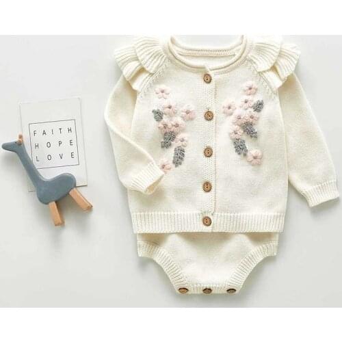 Autumn Baby Knit Bodysuit Set Infant Newborn Baby Sweater Flowers Knit Cardigan Cotton Baby Girls Jumpsuit Baby Girls Clothes