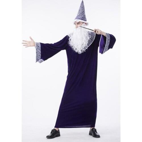 Adult Men Wizard Priest Outfit Mysterious Purple Sorcerer Robe Halloween Men Cosplay Magician Velvet Costume With hat