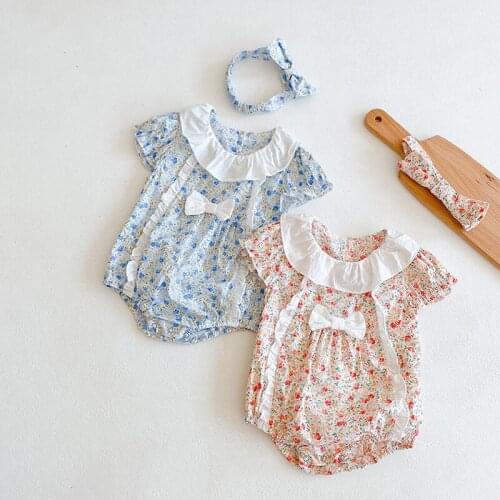 Ins 2021 Summer New Baby Girl Floral Color Contrast Lotus Leaf Collar Jumpsuit for Newborn