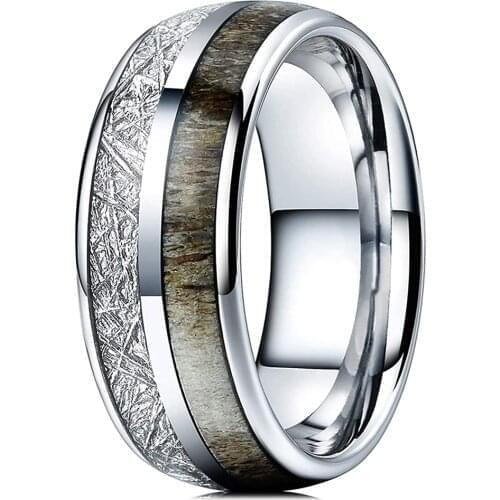 Fashion 8mm Mens Deer Antler Stainless Steel Ring Silver Meteorites Inlay Dome Engagement Ring Mens Wedding Band Jewelry Gift