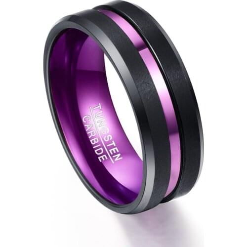 8mm Width Purple Inner Ring Scrub Groove Men Rings Tungsten Carbide Band Male Fashion Jewelry Mens Ring