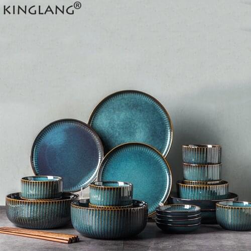 KINGLANG Nordic Blue Tableware Set Kiln Glazed Ceramic Rice Salad Round Dish Dinner Plate Dinnerware Set