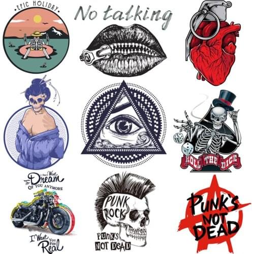 Punk Patches Skull Motorcycle Heat Transfer Vinyl Iron On Transfers PVC Patch For Clothes Summer Style Heart Applique DIY Decor