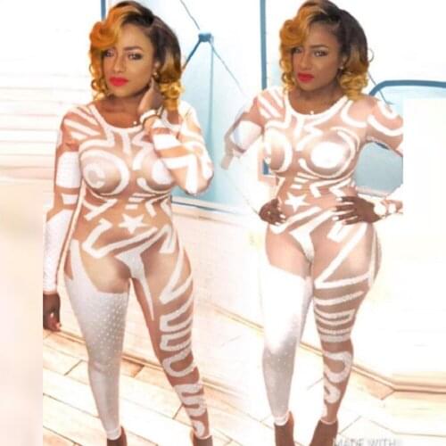 2019 New Sexy Womens Body con 3D Print Rhinestone Hot Night Club Halloween Party Evening Costumes Show Dance Jumpsuit Romper