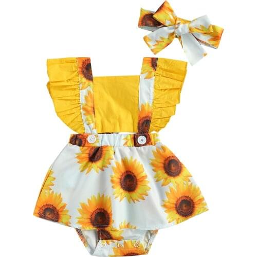 New 2Pcs Toddlers Summer Outfits Sunflower Print Square Collar Sleeveless Romper + Bowknot Headband for Baby Girls