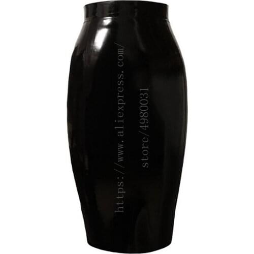Sexy womens office style black tight latex skirt long to knee or calf made of 0.4mm thickness natural latex materials