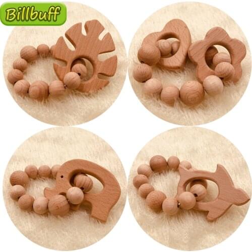 DIY Baby Teether Food Grade Beech Wood Animal Teether Natural Teething Grasping Pacifier Chain Toddler Teether Newborn Baby Gift