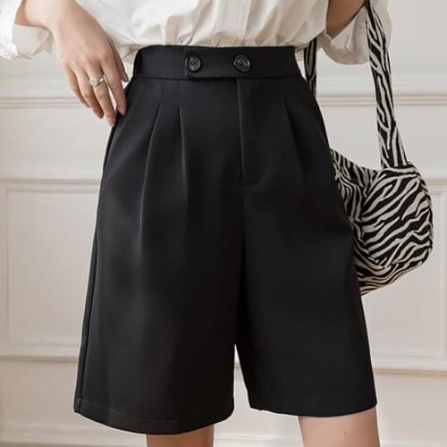 Shorts Women High Waist Elastic Wide Leg Black Solid Casual Short Pant Womens Shorts Pockets Korean Fashion 2021 Summer Clothes