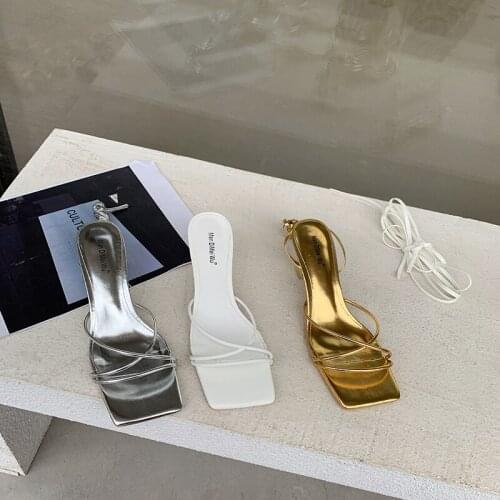 Fashion Women Sandals Narrow Band Thin High Heels Cross Strap Lace Up Gold Party Pumps Summer Dress Shoes Sandals Slides 35-39