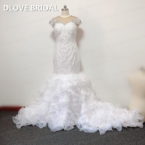 High Quality Beaded Lace Wedding Dress Unique Illusion Back Ruffles Organza Skirt Bridal Gown