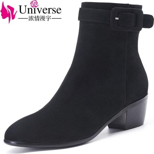 Universe new winter boots women high quality kid suede ankle boots elegant stylish boots comfortable square heel shoes G228