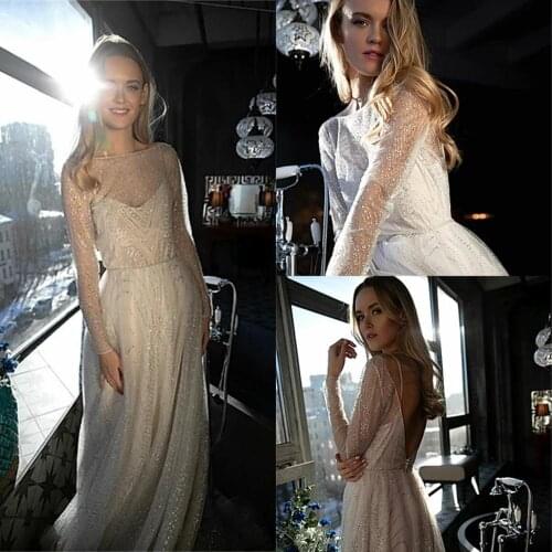 A Line Wedding Dresses Boat Neck Long Sleeves Lace Sequins Bridal Gowns Backless Sweep Train Wedding Dress Vestido De Novia