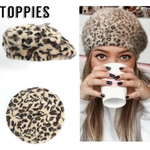 2019 Winter Chic Women Fuzzy Rabbit Hair Leopard Berets Warm Cozy Animal Printed Rabbit Hair Knitted Hats