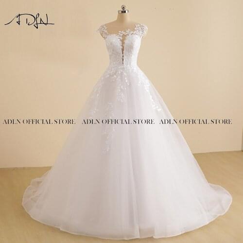 ADLN Real Photos Wedding Dresses Vestido De Noiva Cap Sleeves Scoop Neck Illusion Bodice Applique Tulle A-line Wedding Gowns