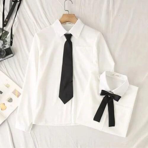 White Women School Shirts Fashion Preppy Style Spring Japan Long Sleeve Girls Shirt Harajuku Necktie Ladies Tops 2021