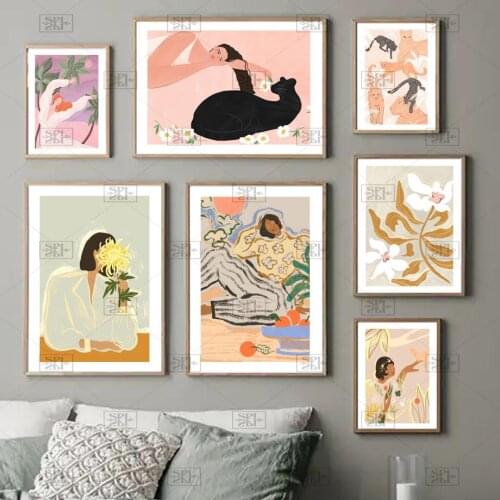 Boho Girl Flower Black Cat Leopard Abstract Wall Art Print Canvas Painting Modern Nordic Poster Decor Pictures for Living Room