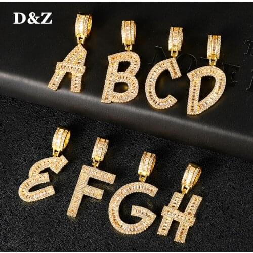 D&Z New A-Z Name Baguette Letters Pendant Hip Hop Pendant Chain Gold Silver Color Bling Zirconia Mens Hip Hop Pendant Jewelry