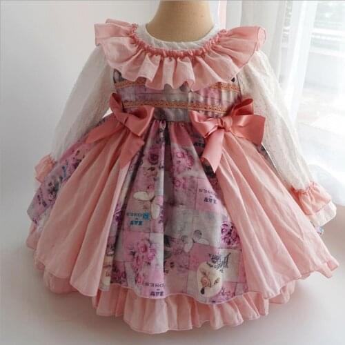 Baby Girl long sleeve Pink Floral Vintage Spanish Lolita Ball Gown Princess Dress for kids birthday Party