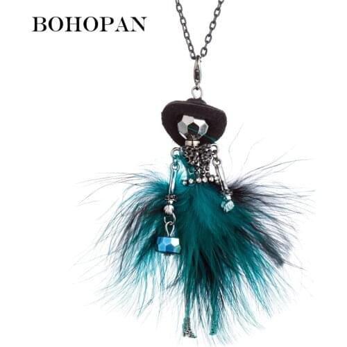 Elegant Long Chain Pendant Necklaces Black Hat Fur Dress Rhinestone Doll Statement Necklace Women Cloth Accessories Jewelry
