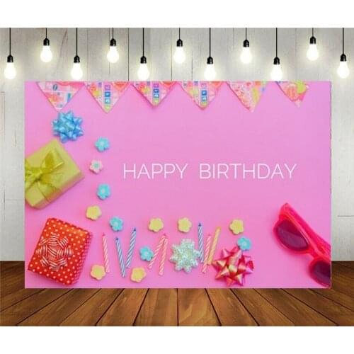 Photography Backdrop Happy Birthday Greeting Card With Gift Box Candle Glasses Ribbon Marshmallows On Pink Vinyl Background
