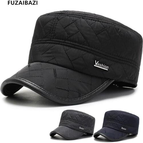 FUZAIBAZI Adjustable Size Mens Flat Cap Winter Thermal Thicken Military Hats Fashion Earmuffs Leisure Sports Caps Snapback New