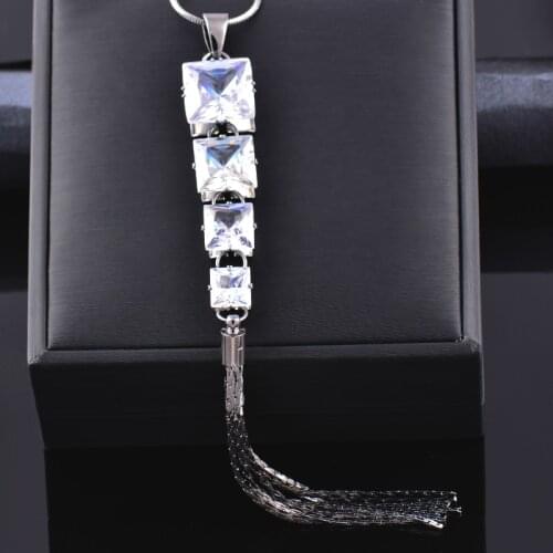 KIOOZOL Square Rhinestone String Long Tassel Pendant Silver Color Long Necklace For Women Wedding Party Vintage Jewelry 329 KO3