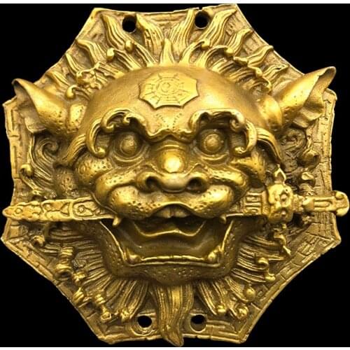 Chinese Feng Shui Bronze Beast Head Eight Lions Bite Sword Pendant Copper Lion Door Ornaments Home Decoration