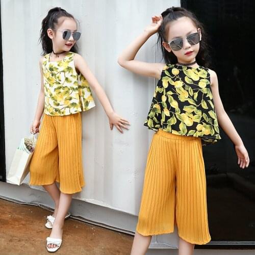 Baby Girls Clothing Set Summer Fashion Printed Tops Vest + Cropped Trousers 2pcs Chiffon Suit Adolescents Casual Costume Sets