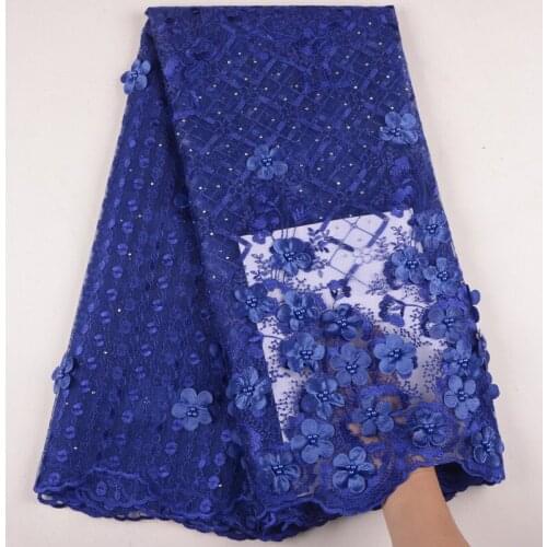 Royal Blue French Lace Fabric 3D Flowers Embroidered African Tulle Lace Fabric With Beads African Lace Fabric For Wedding Y1543