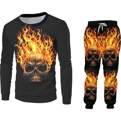Fall Spring Mens Casual Sweatpants And Sweatshirt Set Cool Print Flame Skull 3d Mans Suit Hip Hop Streetwear Punk Tracksuit
