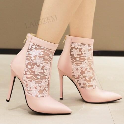 LAIGZEM Women Ankle Summer Booties Back Zip Floral Lace Heels Wedding Prom Booties Ladies Shoes Woman Large Size 42 44 46 47 48