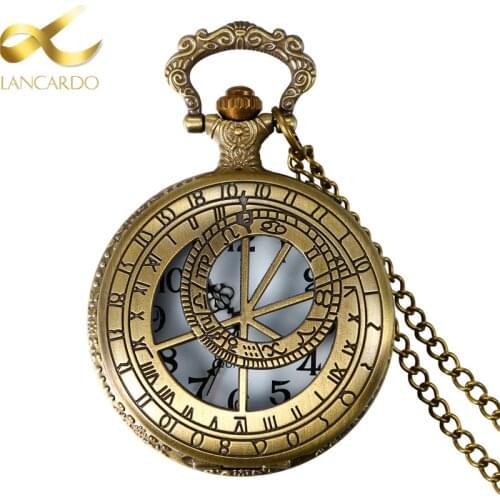 Lancardo New Vintage Bronze The Zodiac Compass Hollow Quartz Pocket Watch Necklace Pendant Women Mens Gifts Reloj Mujer