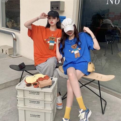 Summer design sense flocking bear short-sleeved T-shirt womens loose mid-length tops cute college style women