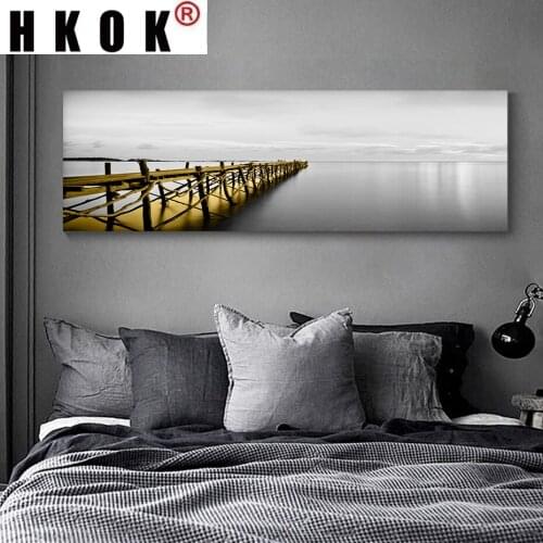 HKOK Modular Calm Lake Surface Long Bridge Tree Scene Black and White Canvas Paintings Poster Print Wall Art Pictures Home Decor