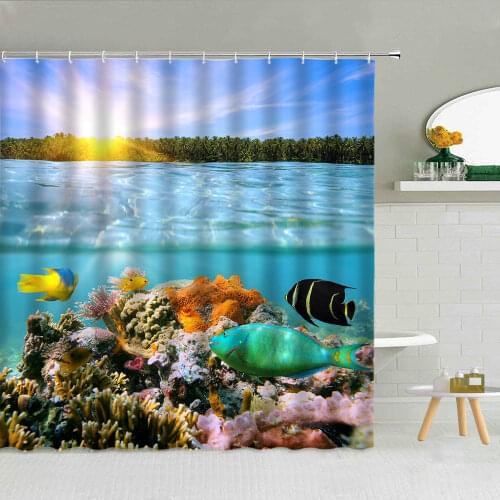 Ocean Animals Landscape Shower Curtain Fish Dolphin Shark Sea Turtle Bathroom Decor Marine Life Scenery Waterproof Curtains Set