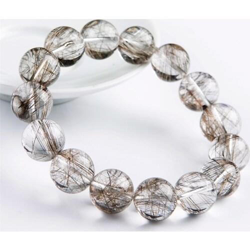 Genuine Natural Silver Rutilated Quartz Crystal Clear Round Beads Women Men Bracelet 7mm 8mm 9mm 10mm 11mm 12mm 13mm 14mm AAAAAA