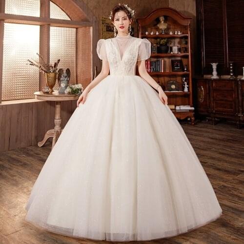 Свадебное платье New Wedding dress Short Puffy Sleeves Elegant High Neck Sequined Beadings robe mariée simple simpleплатье 2021