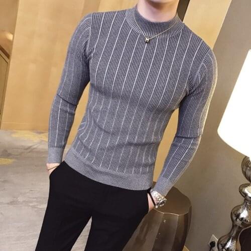 Striped Solid Color Sweater 2021 Mens Half High Neck Stretch Tight Sweater Fashion Casual Slim Breathable High Quality Pullover