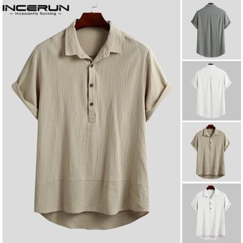 Summer Men Cotton Shirt Brand Harajuku 2021 Short Sleeve Blouse Vintage Lapel Solid Streetwear Casual Camisa Masculina INCERUN