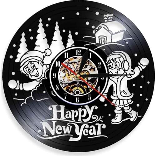 Happy New Year Greeting Vinyl Record 3D Wall Clock Modern Design Snowball Flight Snow Covered Landscape Wall Art Decor