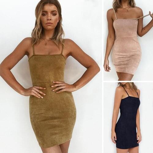 Suede Bodycon Sheath Short Dresses Spaghetti Strap Sexy Club Dress A-line Casual Vintage Sleeveless Backless Streetwear 2020 New