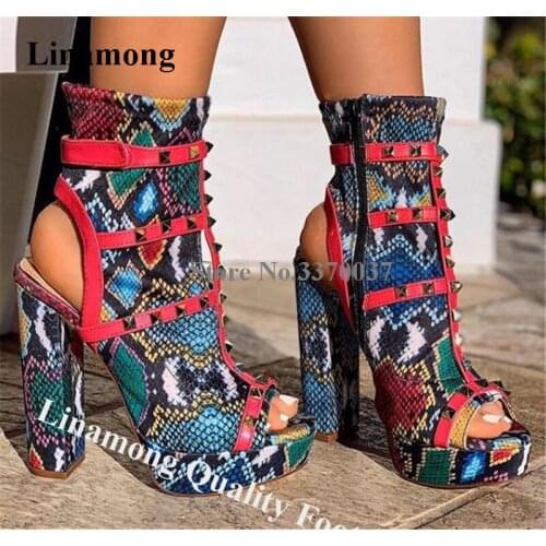 Linamong New Fashion Peep Toe High Platform Chunky Heel Short Boots Patchwork Snake Leather Cut-out Ankle Booties Dress Heels