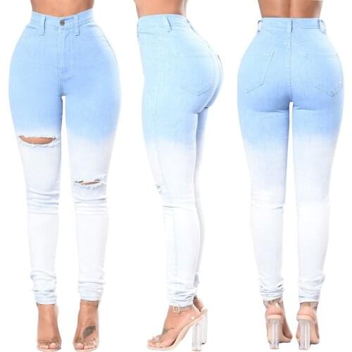 Women Sexy High Waist Jeans Spring Woman Casual Blue White Gradient Color Ripped Hole Denim Pants Mini Skinny Pencil Pants