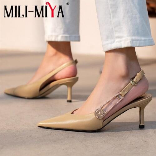 MILI-MIYA Fashion Brand Design Women Cow Leather Pointed Toe Pumps Sling Back Thin Heels Buckle Strap Plus Size 34-41 Dress