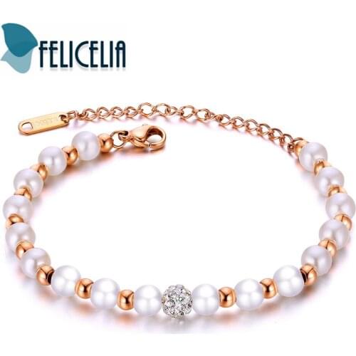 Felicelia Exquisite Women Simulated Pearl Bracelet Stainless Steel Cubic Zirconia Silver Rose Gold Color Strand Beaded Bracelet