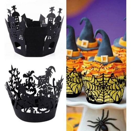 12Pcs/Set Cupcake Wrappers Safe Black Paper Fashion Halloween Cupcake Wrappers for Home Hollow Design Black Spider Web Cupcake